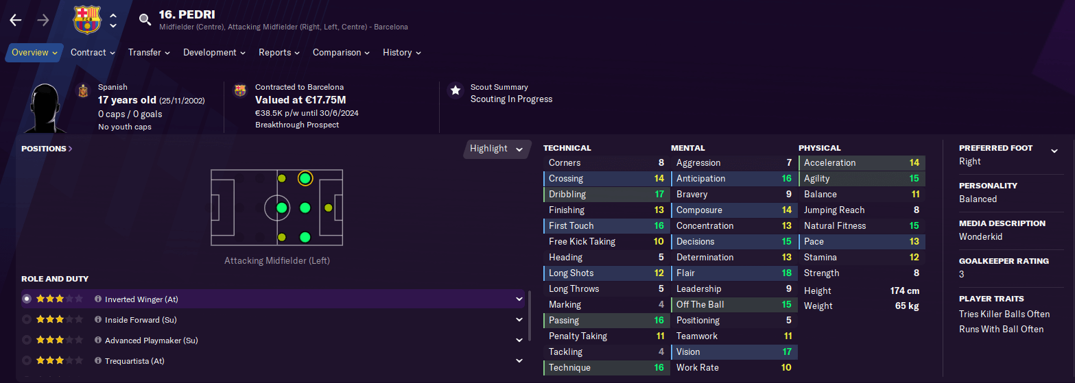 Football Manager 2021 player profile Spanish wonderkid Pedri