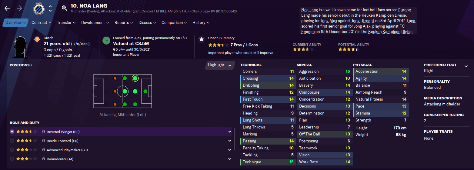 Football Manager 2021 Player profile Noa Lang 