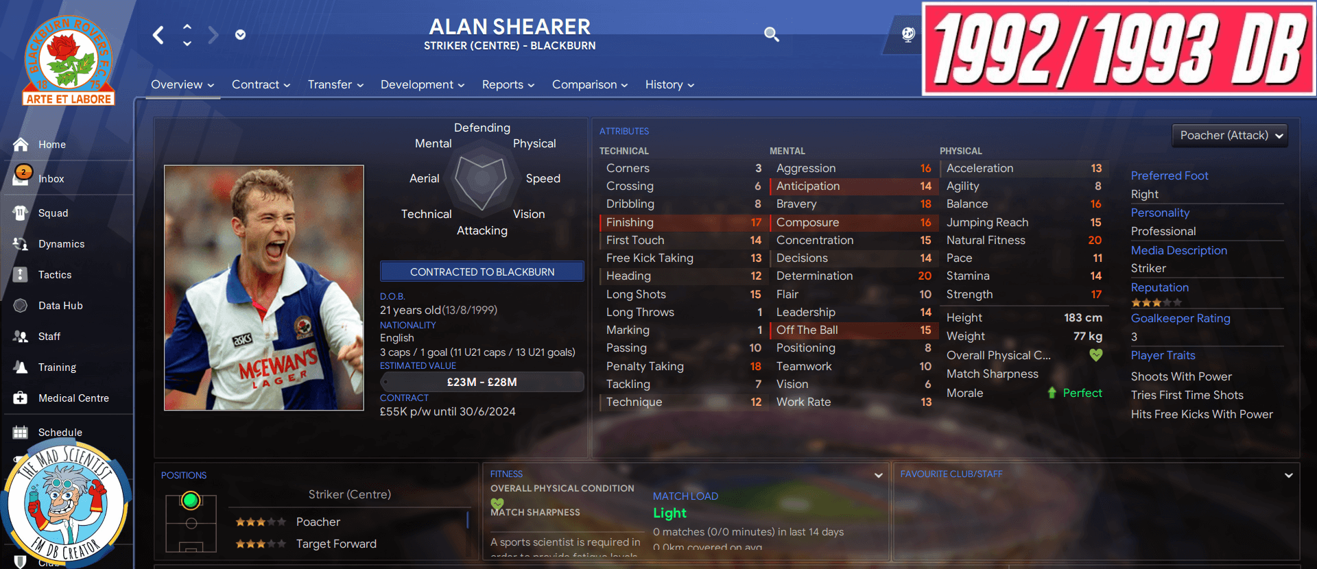 fm22 alan shearer 1992 93 database player profile