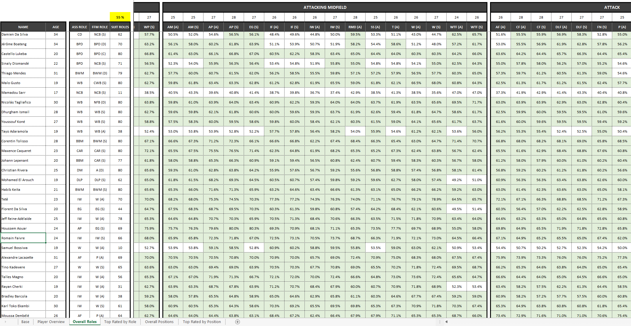 Player roles overview - FFM Attribute Analysis spreadsheet