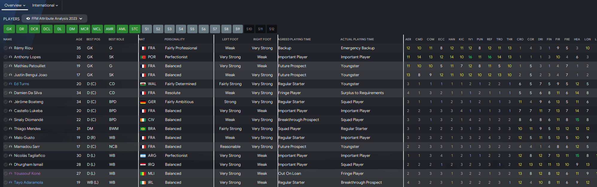 Football Manager Attribute analysis squad view