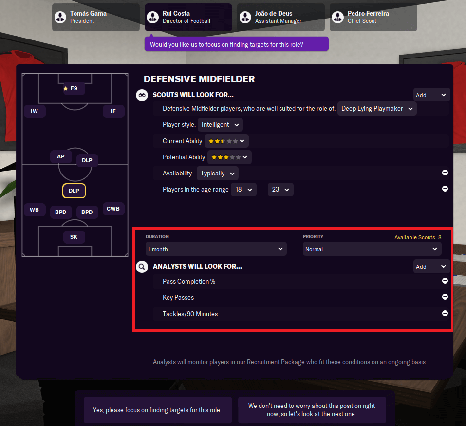 football manager recruitment meeting analyst deep lying playmaker stats