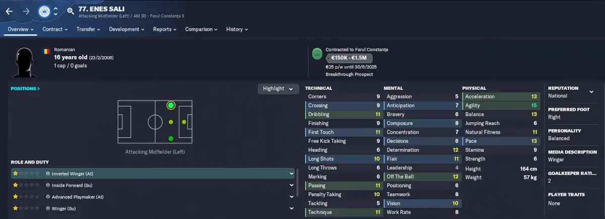 FM23 Romanian wonderkid Enes Sali player profile