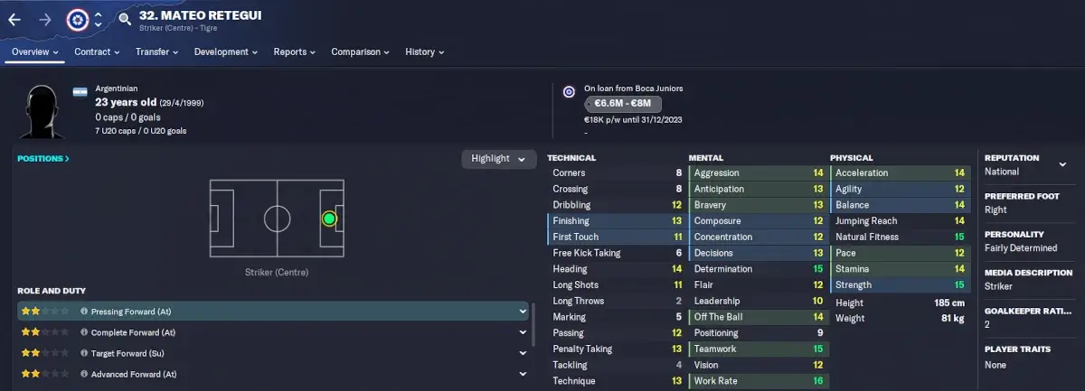 FM23 cheap signings Mateo Retegui player profile