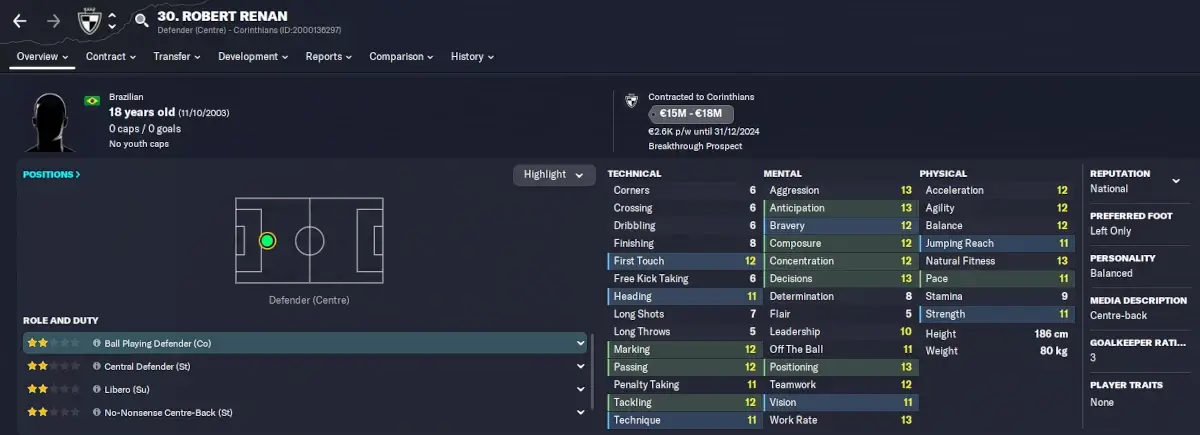 FM23 Brazilian centre back wonderkid Robert Renan