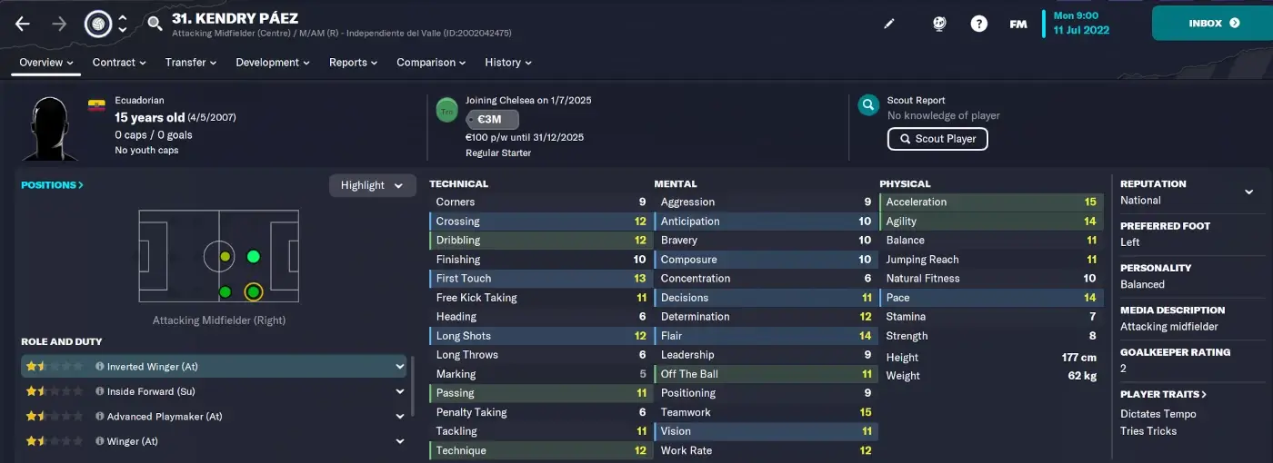 Kendry Paez FM23 player profile | Potential FM24 wonderkids