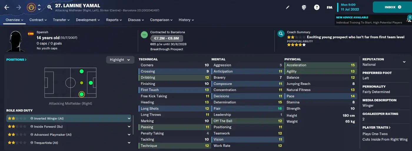 Lamine Yamal FM23 player profile | Potential FM24 wonderkids