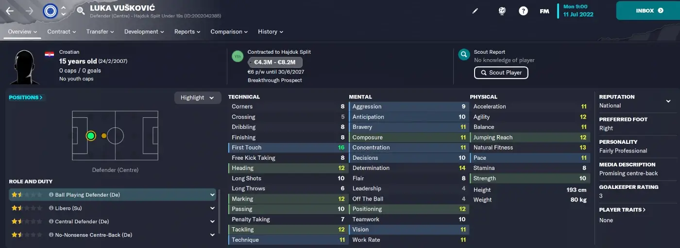 Luka Vuskovic FM23 player profile | Potential FM24 wonderkids