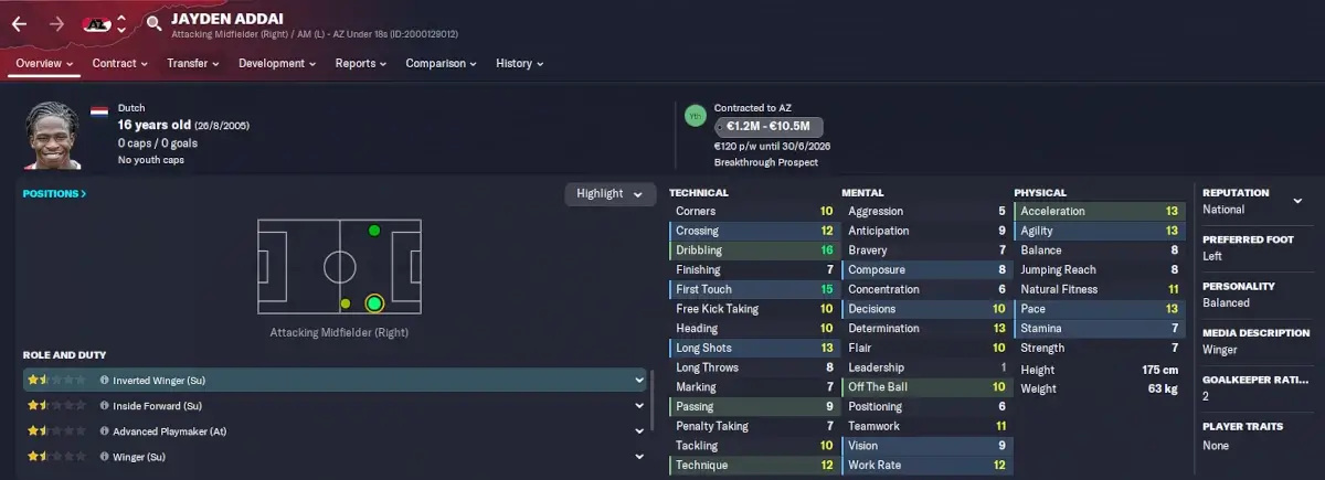 FM23 Dutch wonderkid Jayden Addai player profile