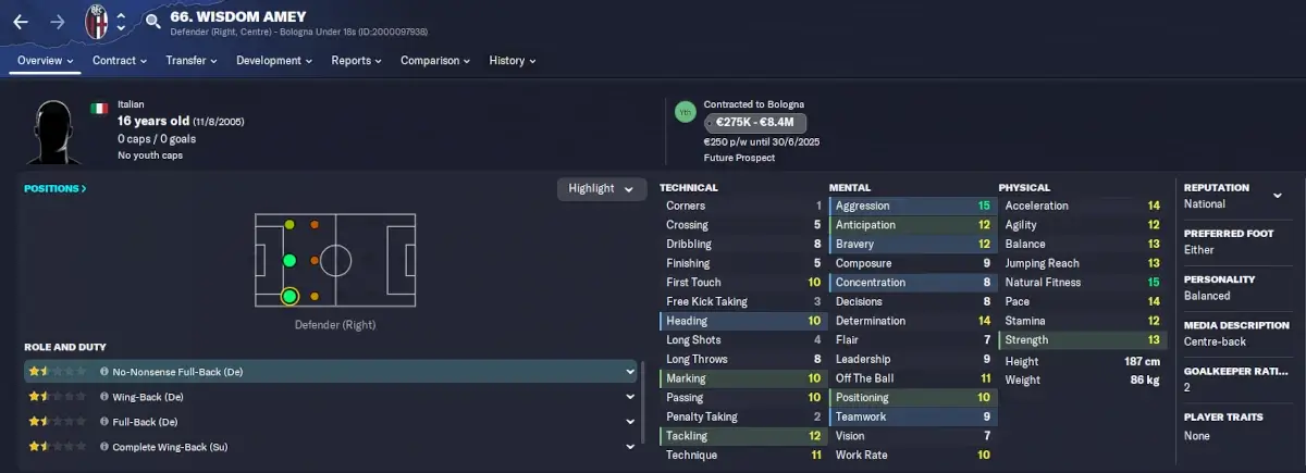 FM23 Italian wonderkid Wisdom Amey player profile