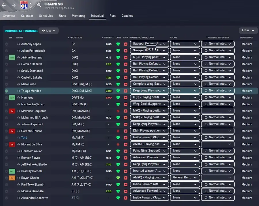 Football Manager individual training setup for players