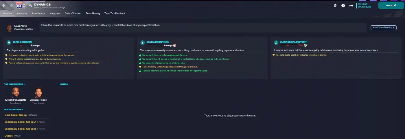 Football Manager squad dynamics - team cohesion