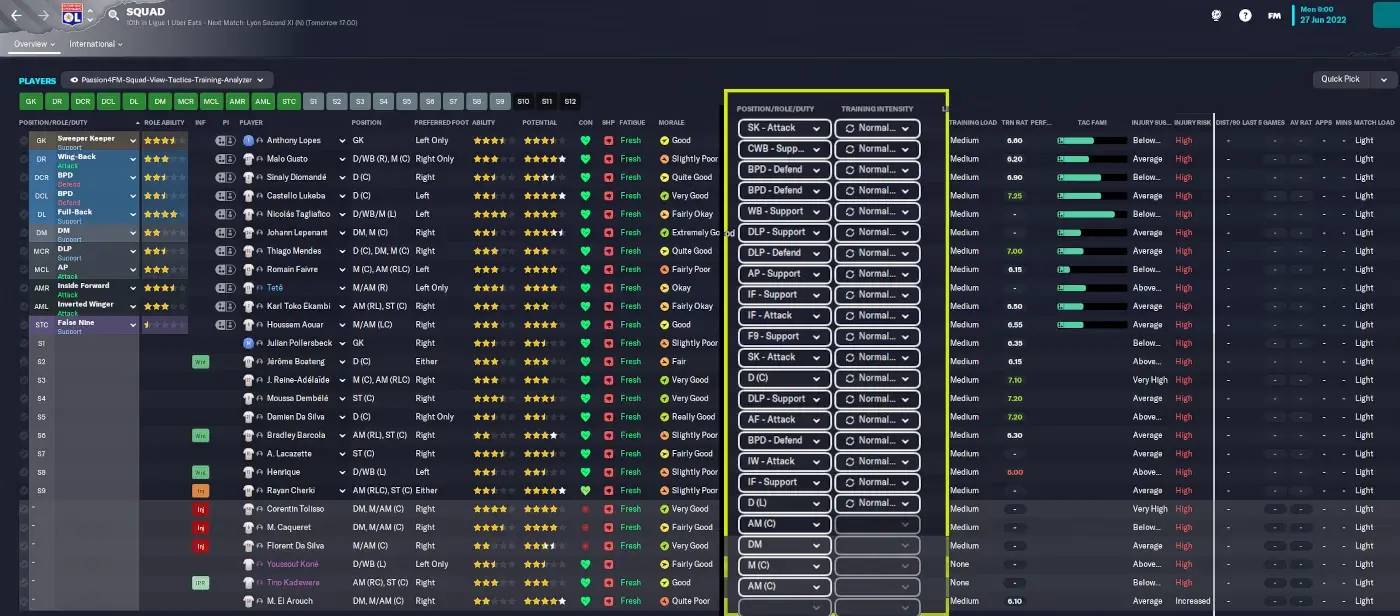 Tactic & training analyzer squad view